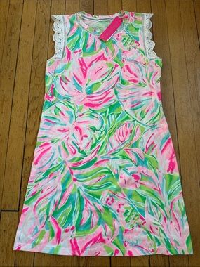 NWT Lilly Pulitzer Pink & Green Tropical Lace-Trim Shift Dress size S
